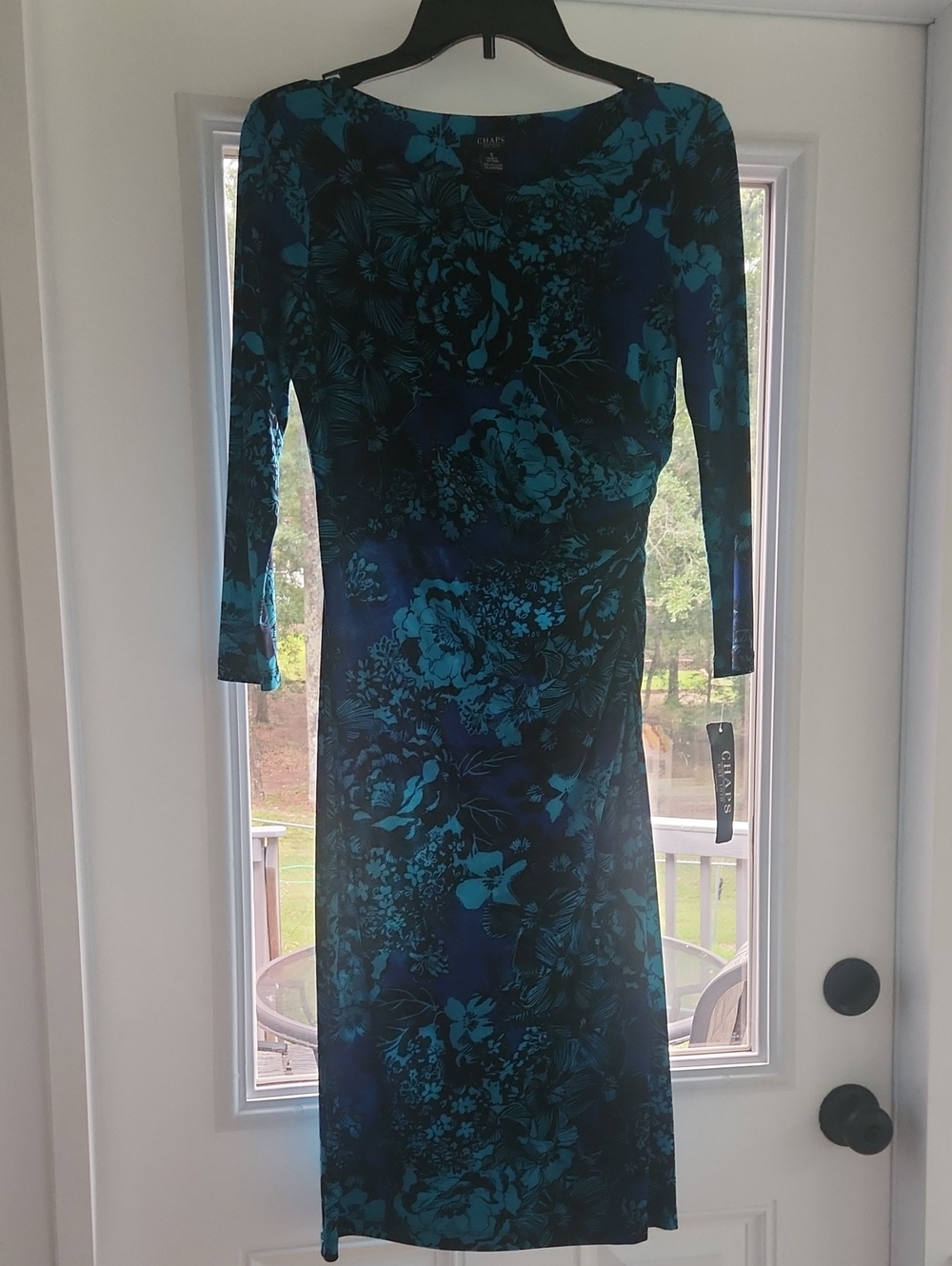 Chaps Teal and Navy Floral Long Sleeve Sheath Dress